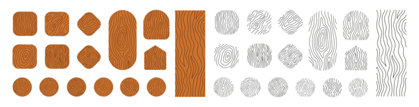 Geometric Wood Texture Shapes Set, Hand-Drawn Timber Grain. Linear Rustic Design Elements