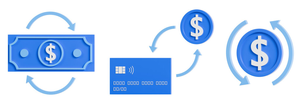 Set of modern 3D finance icons featuring cash exchange, credit card payment and money circulation cycle. Concept of online payments, financial transactions, cash flow