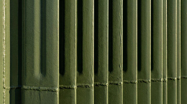 Green metal fins of radiator surface from large electrical transformer at substation. Industrial cooling component for high voltage equipment. Texture of heat sink panel and hardware.