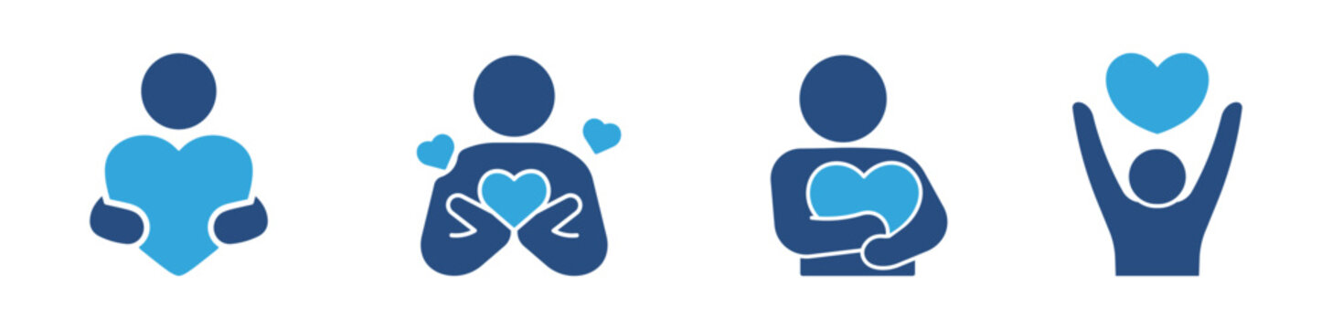 Person Holding Love Icon Set, Self Love and Care Symbols, Vector Illustration