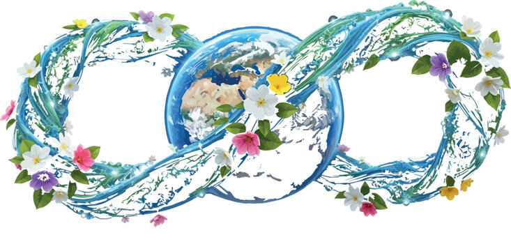 Earth planet encircled by a glowing blue green infinity symbol adorned with bright blooming spring flowers against dark space