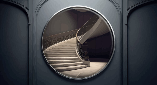 Elegant and grand spiral marble staircase with intricate wrought iron railing design reflected through a captivating circular frame, showcasing luxurious architectural interior details.