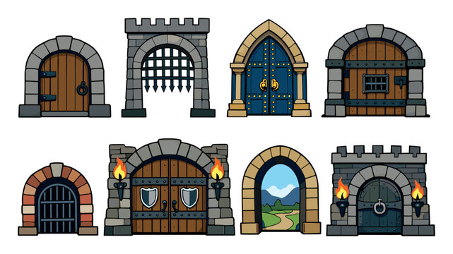 Collection of medieval castle gates, wooden doors, and dungeon entrances with stone arches and portcullis elements