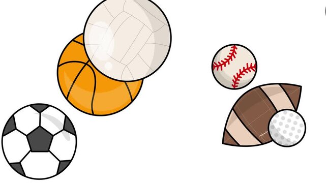 Poster of different sports, american football, rugby, soccer, tennis, golf, basketball, on a white background