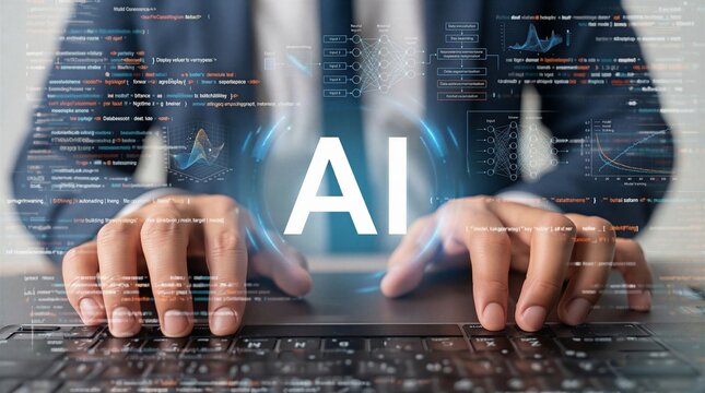Person typing on a laptop keyboard surrounded by large artificial intelligence text, neural network diagrams, and data analysis charts representing modern technology.