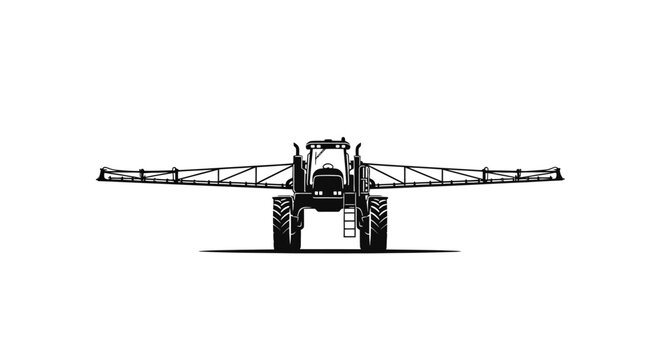Modern agricultural sprayer tractor with extended boom arms designed for efficient field crop treatment and pest control presented in a striking silhouette against a clean white