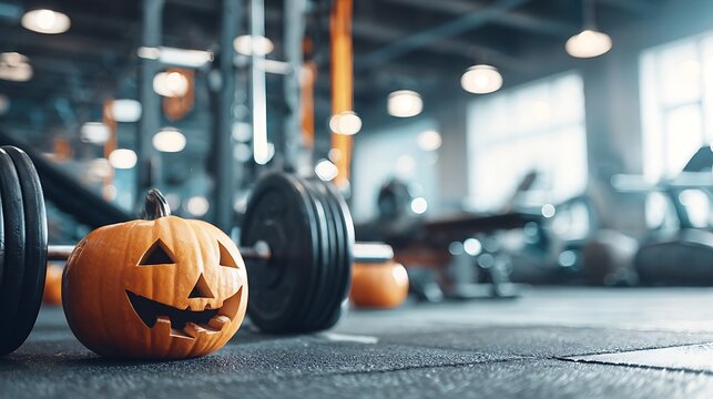 Halloween gym background: carved jack-o'-lantern on the floor next to dumbbells in a modern fitness center, symbolizing a seasonal workout, festive spirit, or wellness challenge.