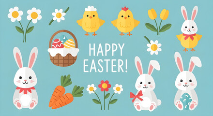Naklejka premium Flat Easter holiday illustration set, cute bunny and chick characters with spring flowers, festive greeting card elements on blue background