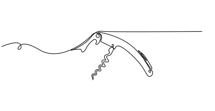 Corkscrew continuous line. Bottle-screw or win bottle opener video, Corkscrew one line continuous drawing. Kitchen tools continuous one line  animation .Animated self drawing