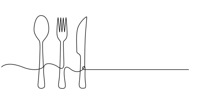 Video. Fork, knife and spoons. Continuous single line cutlery pattern for logos, business cards, banners. Animation on white background. 4K. Full length one line animation. 4K, Restaurant concept.