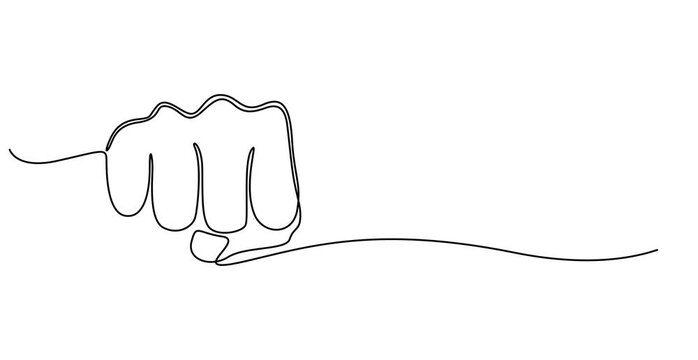 Raised Fist Continuous Line Art animation, Thumbs up hand drawn design, Oncoming fist continuous one line drawing, Courage Line Icon, Clenched fist - VIDEO, Human hand as fist black and white.
