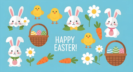 Obraz premium Happy Easter greeting card with cute bunny characters, yellow chicks and wicker baskets with eggs, flat vector illustration on blue background