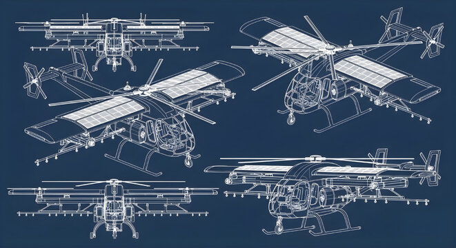Futuristic Solar Aircraft AutoCAD Blueprint Vector &ndash; Advanced Aerospace Vehicle Multi View Technical Drawing White Outline on Dark Blue