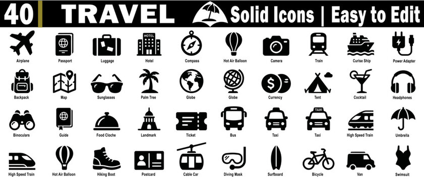 Travel solid color icons. A collection of transportation, accommodation, and sightseeing for holiday and adventure trips, vector illustration.