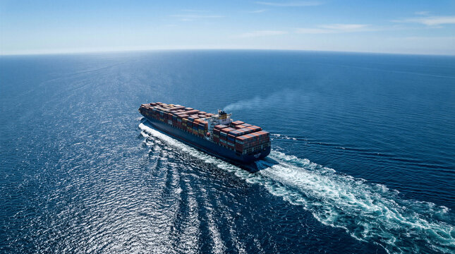Massive cargo ship navigating open ocean under clear blue sky