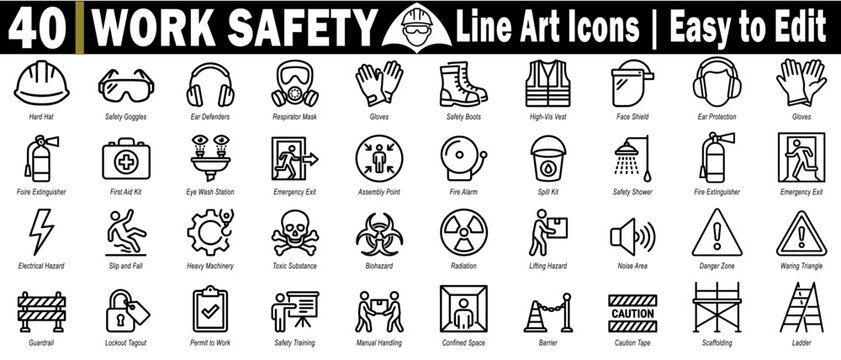 Work safety solid color icons. Professional health and safety icons collection with emergency exit, first aid kit, and biohazard warning symbols in black line art style vector illustration.
