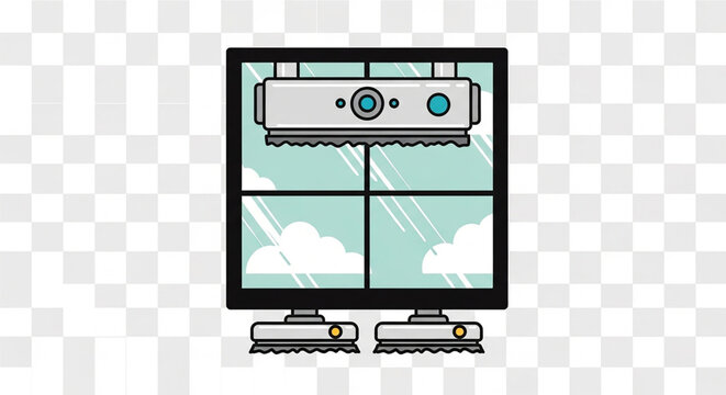 A vector graphic illustration of a projector and screen with a rainy window background