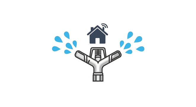 A vector graphic illustration of a faucet with a house and water droplets