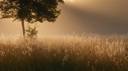 Fototapeta premium Sunlit Grass Field with Silhouetted Tree