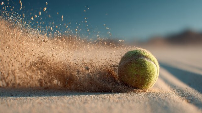 Tennis ball rolling on sand in a desert during late afternoon light with dust flying around it