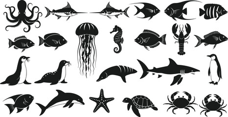 Professional Sea Animals Silhouettes Vector Set Featuring Shark Dolphin Octopus Turtle and Jellyfish Isolated on White Background for Marine Designs © sojibislam