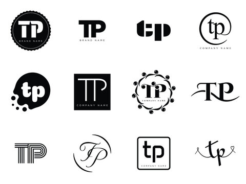TP logo company template. Letter t and p logotype. Set different classic serif lettering and modern bold text with design elements. Initial font typography.