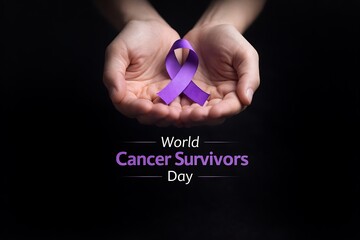 Hands holding purple ribbon for world cancer survivors day