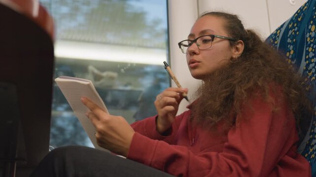 Student sketching notes on train seat, glasses and curly hair, red hoodie, pen poised over notebook, window light, focused expression, quiet carriage, passing scenery, daytime study routine