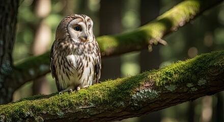 Fototapeta premium Wild Owl Perched on a Mossy Tree Branch in a Sunlit Forest, Nature and Wildlife Photography