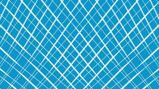 Abstract blue background with intersecting white lines forming dynamic crisscross patterns. Animated grid creates depth, motion and layered geometric structure. Seamless looping animation.