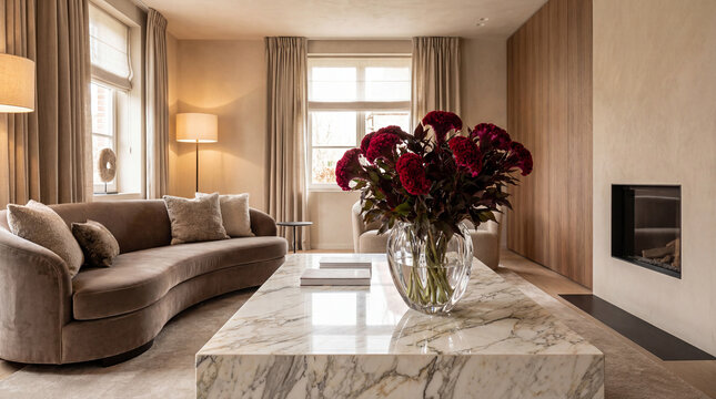A luxury living room featuring a marble coffee table with an elegant vase of crested celosia flowers as the focal point