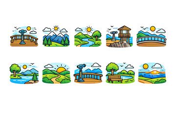 Naklejka premium Collection of scenic landscape illustrations with observation decks and natural views