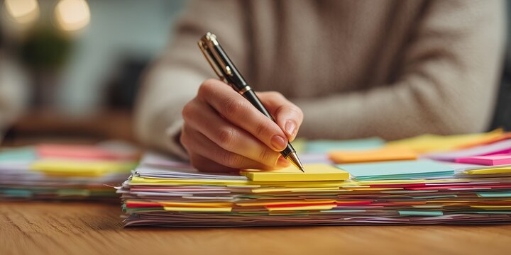 Close up of project manager hand writing on yellow sticky note atop huge stack of business documents with colorful tabs, concept for workload management, office organization and productivity