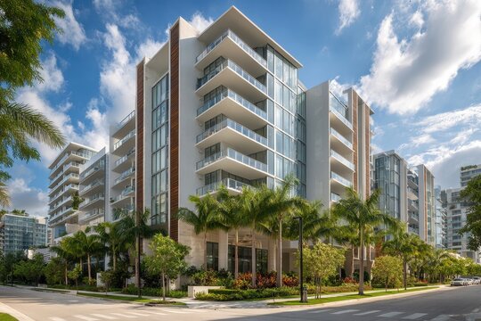 Modern condo exterior with palm-lined frontage under a bright blue sky