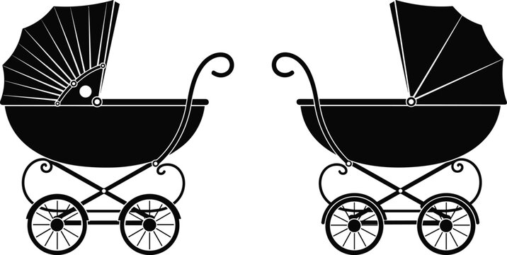 Black silhouette baby carriage illustration, vintage pram icon, classic stroller design, retro childcare symbol, minimalist concept art, parenting lifestyle theme