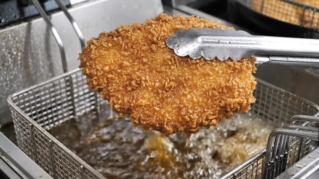 Crispy fried breaded chicken cutlet being lifted from bubbling oil with kitchen tongs, ready to serve