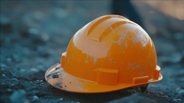 A dirty industrial hard hat on the ground, indicating worker safety and protection in a construction or industrial setting.