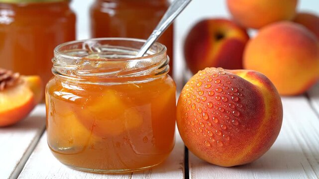 Homemade Organic Peach Jam in Glass Jar with Fresh Fruit on White Wooden Table
