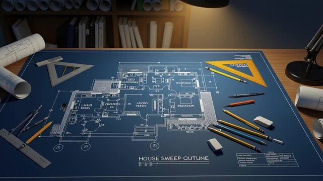 Architectural blueprint with drafting tools on wooden desk in warm lighting