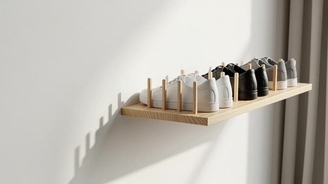 Row of stylish shoes on wooden shelf in modern room
