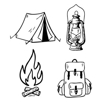 Hand-Drawn Camping Icons Set: Tent, Lantern, Campfire and Backpack Black And White Illustration. Ai Generated Vector