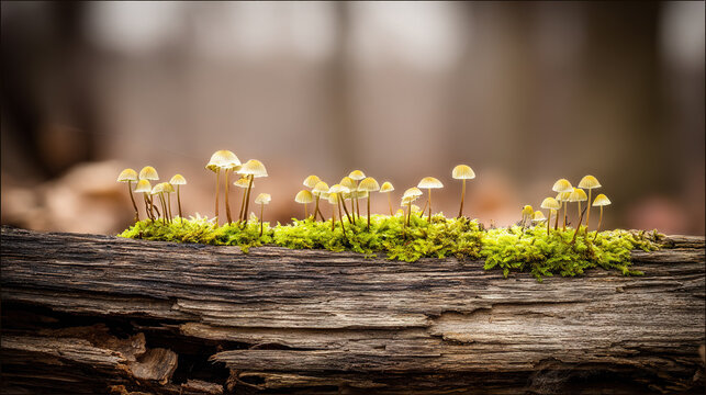 Close-up of mushrooms growing on a log covered in moss