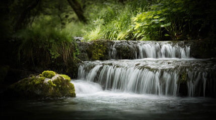Obraz premium Small Waterfall Cascading Through Lush Green Forest