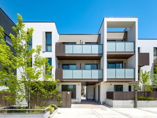 Fototapeta premium 青空の下に建つモダンな外観デザインが特徴的な新築の低層マンションと新緑の木々