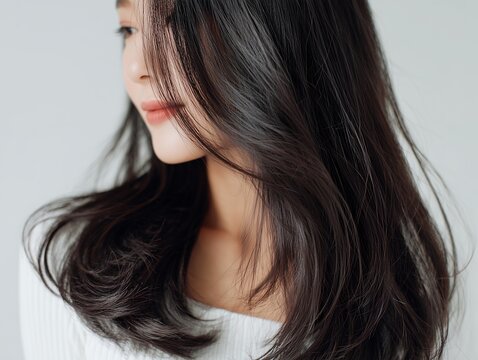 ゆるいウェーブが美しい黒髪ロングヘアの横顔が上品で清潔感のある若々しい女性の近影