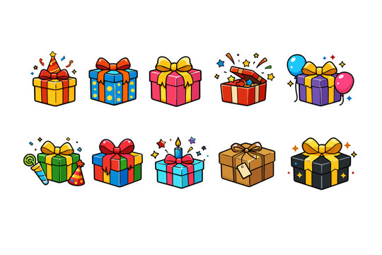 Collection of colorful gift boxes with ribbons and festive decorations