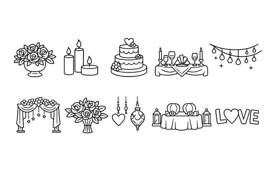 Collection of wedding and celebration icons including cake, flowers, and decor