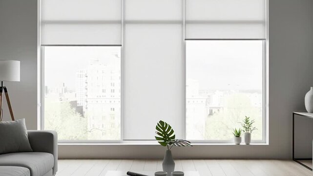 modern living room interior with white roller shades