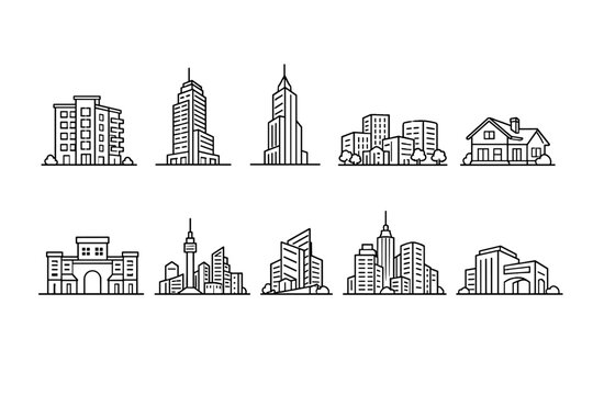Simple line art illustrations of various urban buildings and architecture
