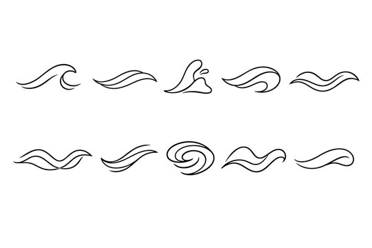 Collection of simple black line art wave and water splash icons on white background